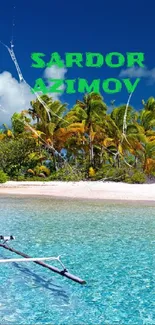 Tropical beach with clear waters and palm trees under blue sky.