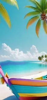 Colorful boat on a tropical beach with palm trees and clear blue sky.