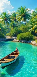 A lone boat in turquoise waters surrounded by lush palm trees on a sunny tropical day.