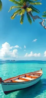 Boat on turquoise water under palm trees.