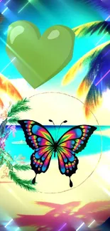 Tropical beach scene with butterfly and heart design.