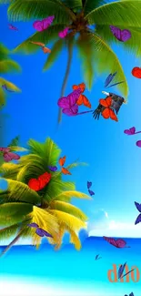 Tropical wallpaper with butterflies over ocean and palm trees.