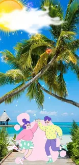 Tropical beach with cartoon characters and palm trees.