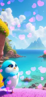 Cartoon scene with a bird by the sea in a vibrant, tropical setting.