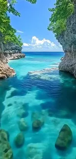Serene tropical paradise with blue waters and cliffs