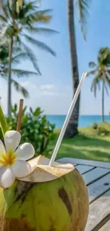 Tropical coconut drink on a sunny beach with palm trees.