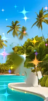 Tropical beach with palm trees and sparkling stars in blue and green hues.