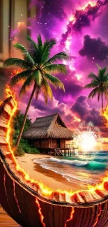 Fantasy beach scene with a fiery coconut and tropical sunset.