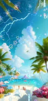 Fantasy tropical beach with palms and ocean waves on a sunny day wallpaper.