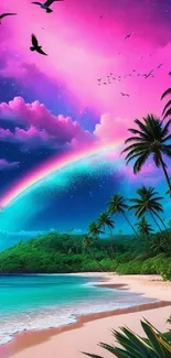 Tropical beach with rainbow and palm trees under a colorful sky.