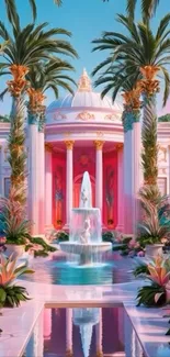 A vibrant tropical paradise with a central fountain and lush palm trees.