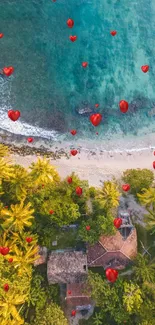 Tropical paradise with heart balloons over beach.