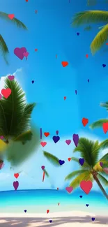 Tropical beach scene with palm trees and floating colorful hearts.