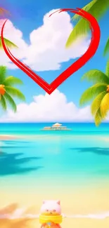 Tropical beach wallpaper with red heart and palm trees.