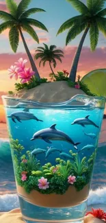 Dolphins swimming in a glass with tropical island scenery.