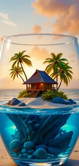 Tiny tropical island inside a glass with palm trees at sunset beach.