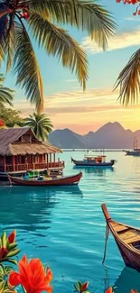 Tropical paradise island with sunset and palm trees.