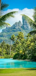 Tropical island with palms, azure water, and mountain in background.