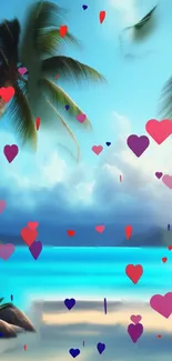 Tropical beach with hearts and palm trees on a sunny ocean landscape.