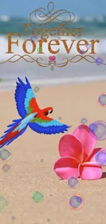 Beach scene with parrot, pink flower, and 'Together Forever' text.