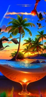 Tropical sunset beach scene in a glass with palm trees and birds.