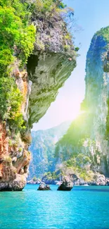 Tropical landscape wallpaper with cliffs and turquoise sea.