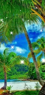 Tropical beach landscape with palms and ocean.