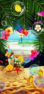 Tropical beach wallpaper with palm leaves and vibrant flowers.