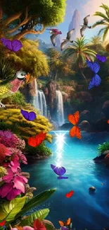 Tropical paradise with waterfall and birds in vibrant rainforest.