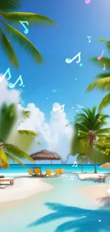 Tropical beach wallpaper with palm trees and music notes.