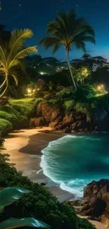 Tropical beach at night with illuminated palms and a starry sky.