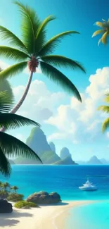 Tropical paradise wallpaper with clear blue water and palm trees.