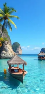 Tropical beach scene with huts and a boat.