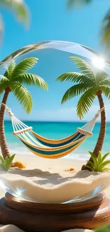 Tropical beach with palm trees and hammock in a glass sphere.