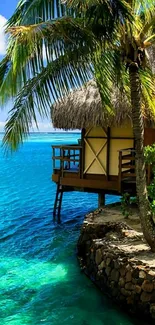 Tropical bungalow and palm tree by turquoise ocean.