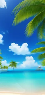 Tropical paradise wallpaper with palms and blue sea.