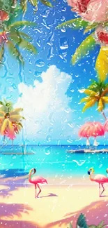 Tropical paradise wallpaper with flamingos, palm trees, and a clear blue sky.