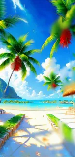 Tropical beach wallpaper with palm trees and blue sky.