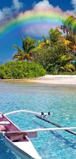 Tropical beach with rainbow and sea view.