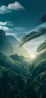 Mystical tropical landscape with palm trees and mountains under a teal sky.