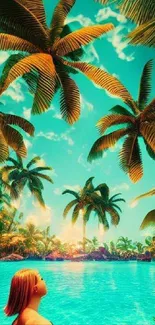 Serene tropical lagoon with palms and clear sky wallpaper.