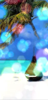 Tropical beach wallpaper with palm trees and blue sky.