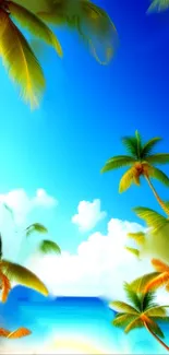 Tropical landscape with palm trees and blue sky.