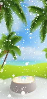 Tropical palm trees with a serene ocean view and white petals.