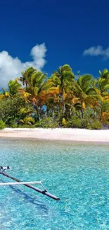 Tropical island with turquoise water and a boat, under a clear blue sky.