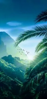 Tropical landscape with lush palm trees and vibrant colors in the morning light.