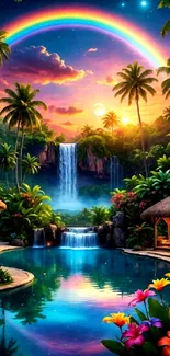Vibrant tropical paradise with rainbow, waterfalls, and lush flora.