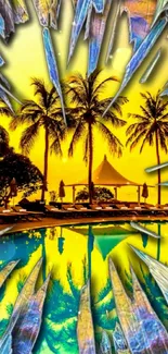 Colorful tropical wallpaper with palm trees and vibrant reflections.