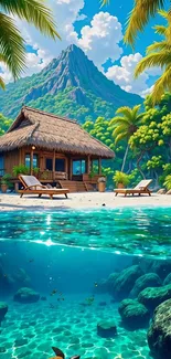 Tropical island resort with lush mountains and turquoise waters.