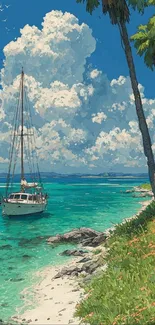 Sailing boat near a tropical island with palm trees and blue sky.